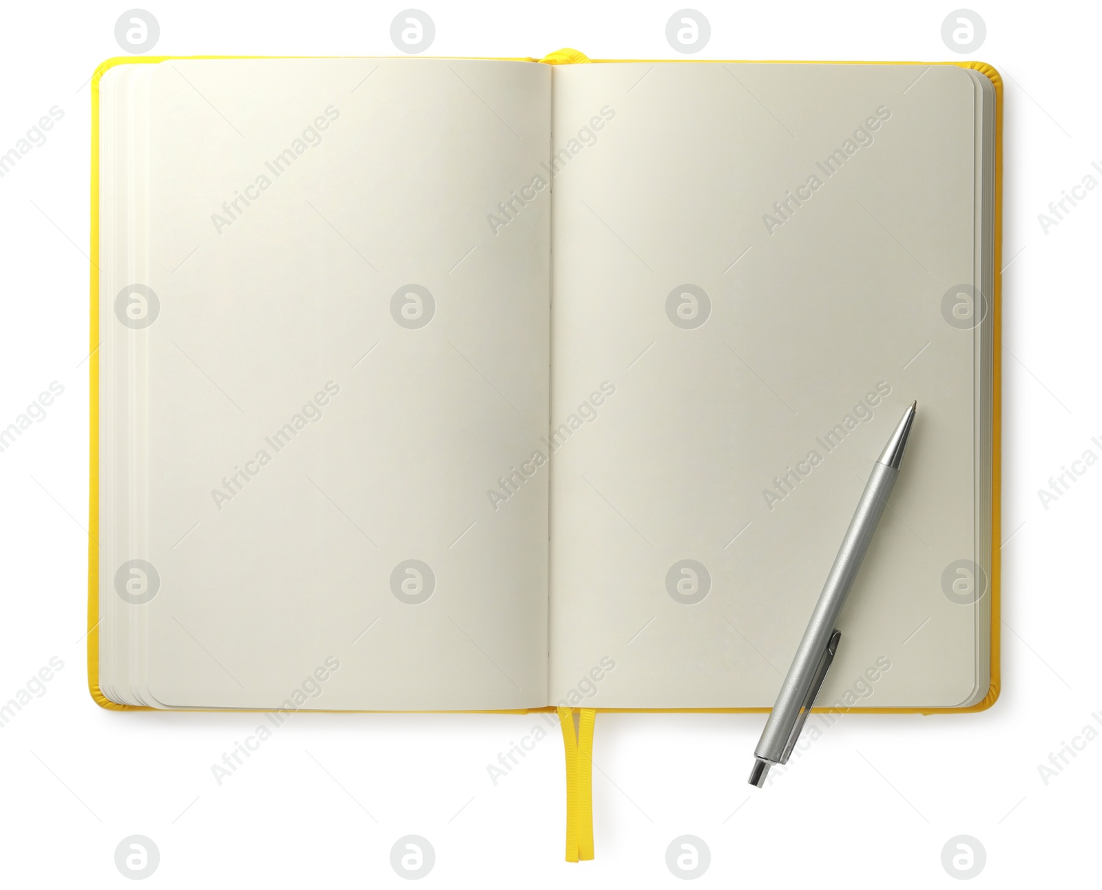 Photo of Open blank notebook with pen isolated on white, top view