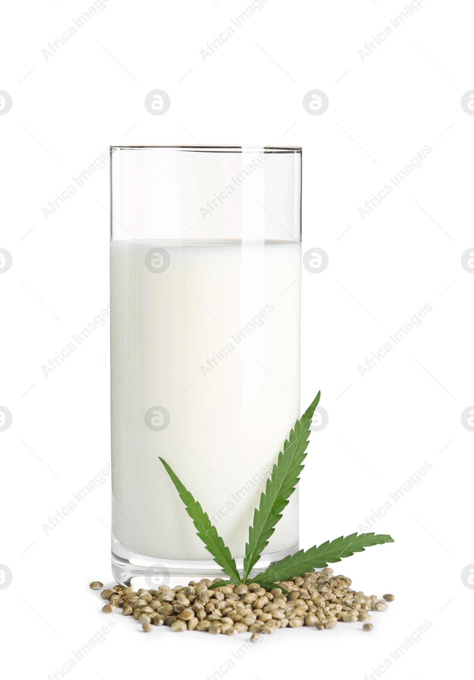 Photo of Glass with hemp milk on white background