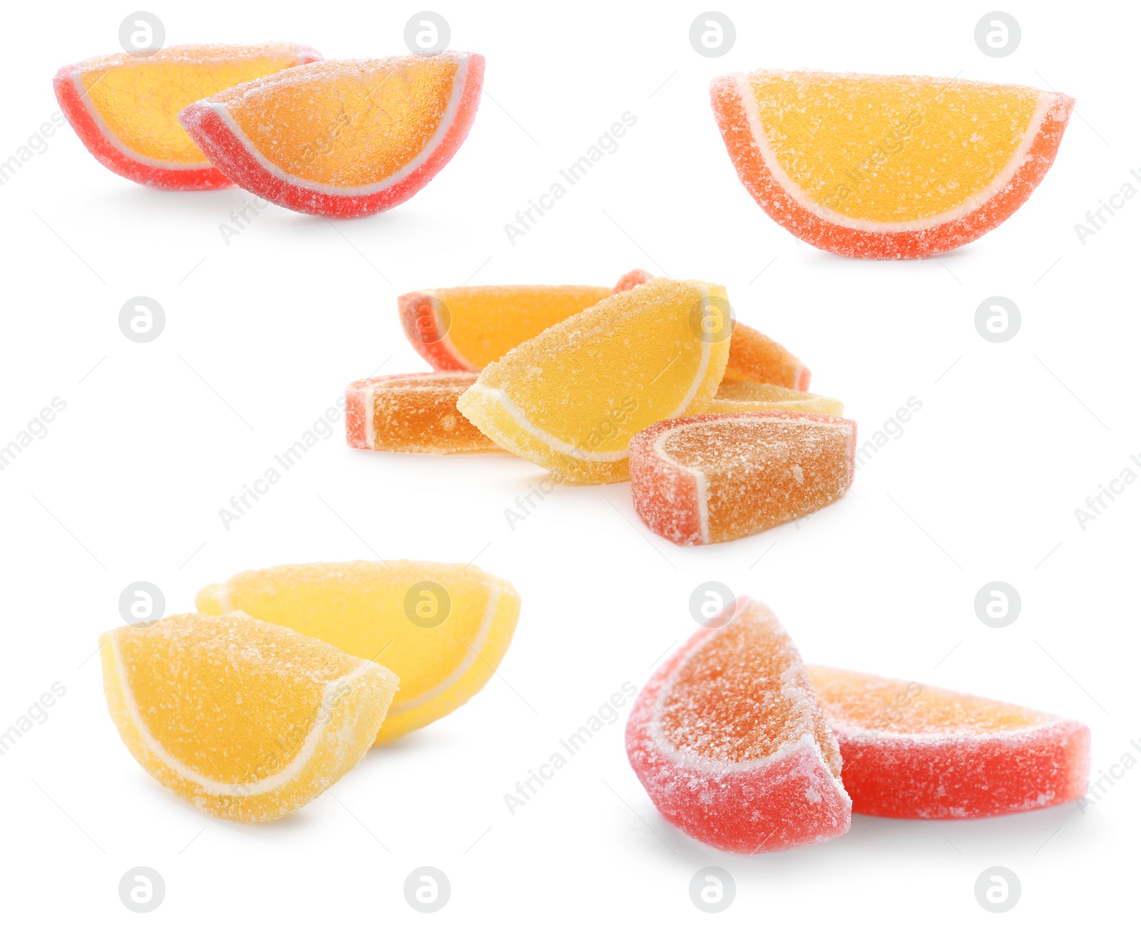 Image of Set of different jelly candies on white background