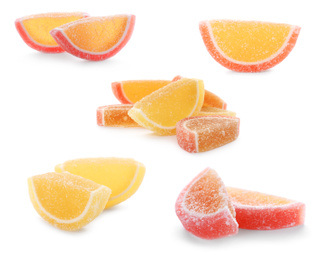 Image of Set of different jelly candies on white background