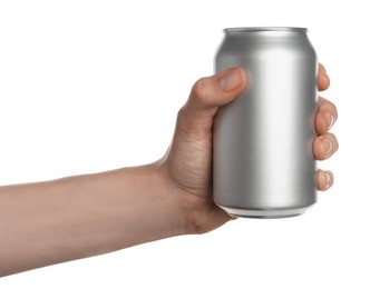 Woman holding aluminum can on white background, closeup