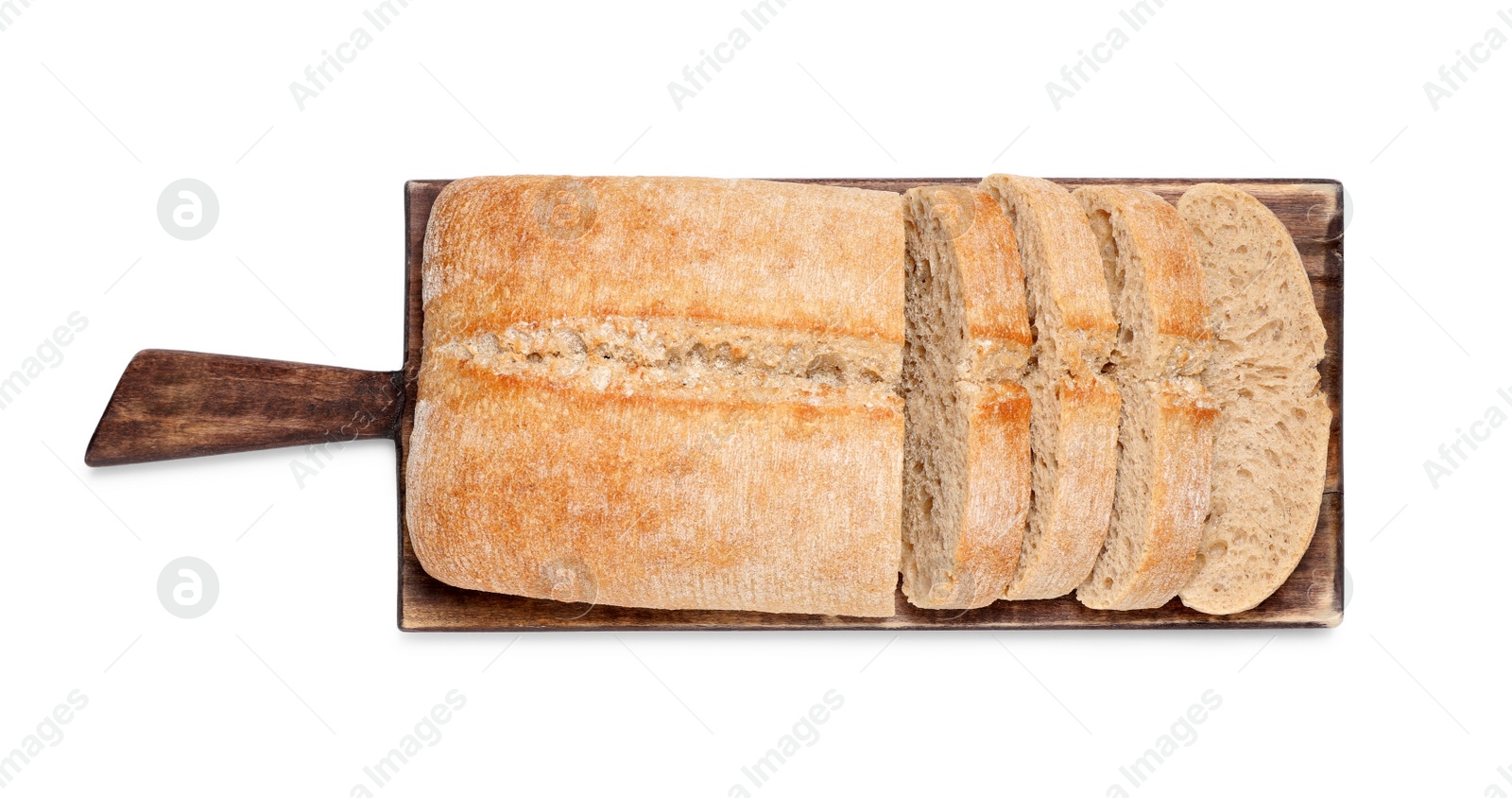 Photo of Cut delicious ciabatta isolated on white, top view