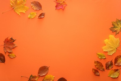 Photo of Beautiful autumn leaves on orange background, flat lay. Space for text