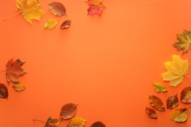 Beautiful autumn leaves on orange background, flat lay. Space for text