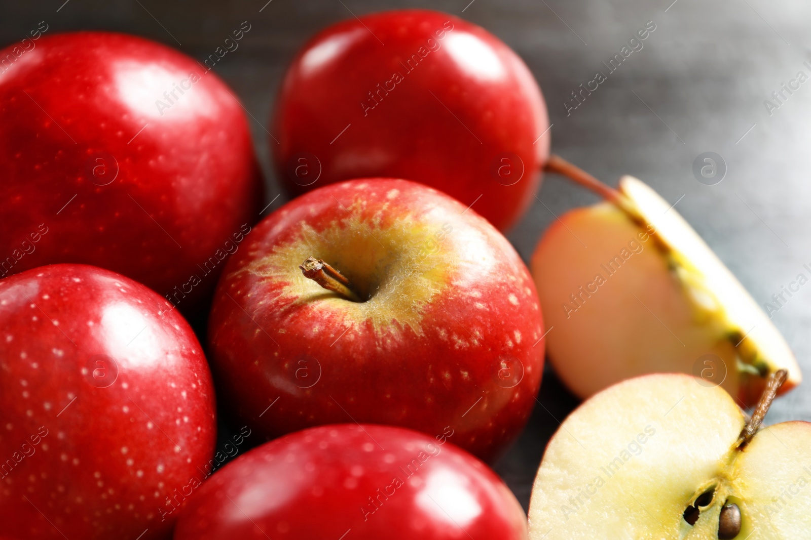 Photo of Fresh ripe red apples on table, closeup