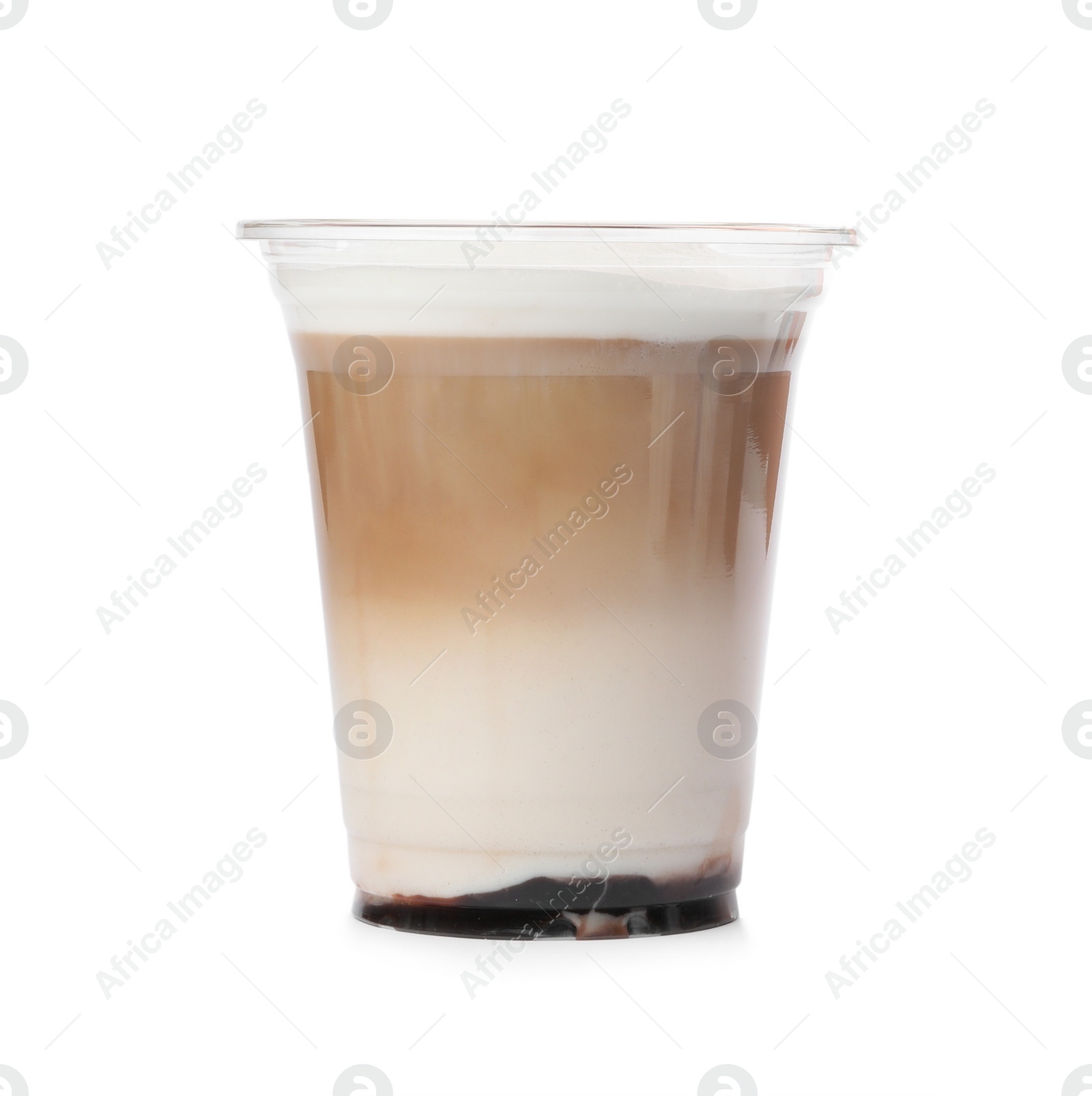 Photo of Delicious coffee in plastic cup isolated on white