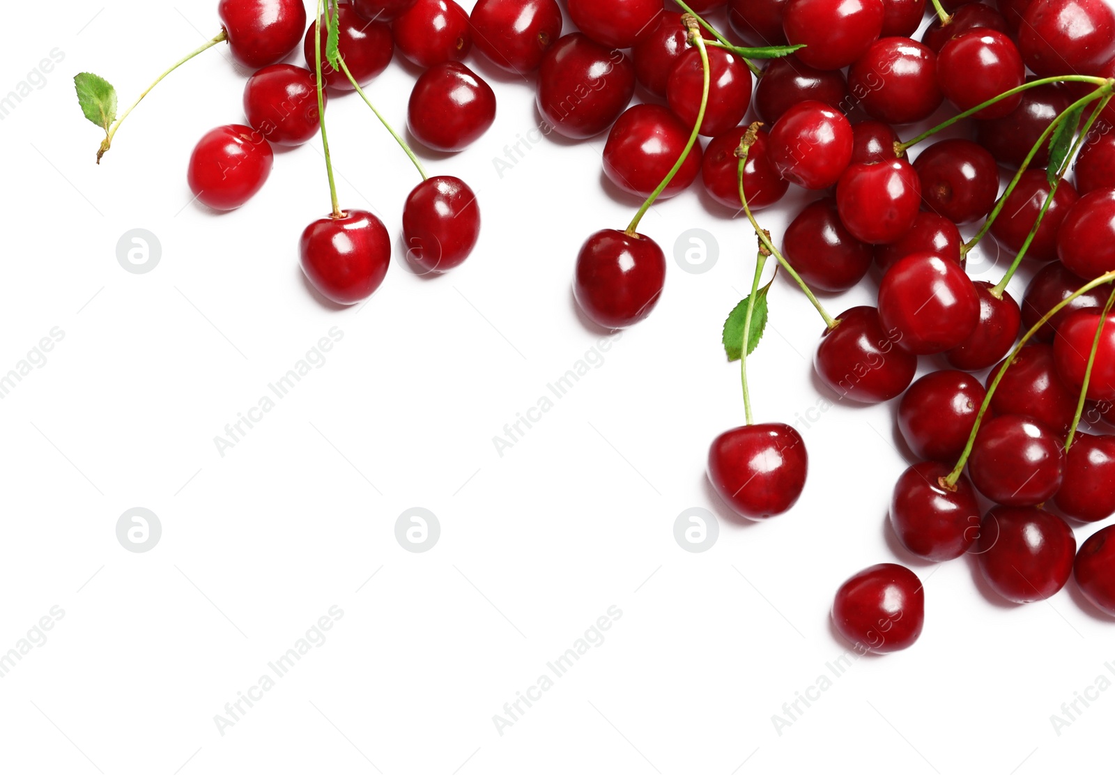 Photo of Delicious ripe sweet cherries on white background, top view. Space for text