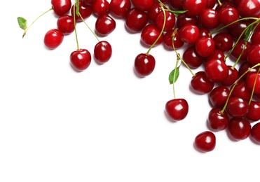 Photo of Delicious ripe sweet cherries on white background, top view. Space for text