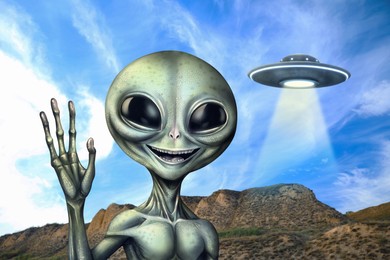 Image of UFO. Alien and flying spaceship in mountains. Extraterrestrial visitors