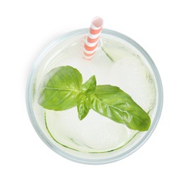 Refreshing cucumber water with basil in glass isolated on white, top view