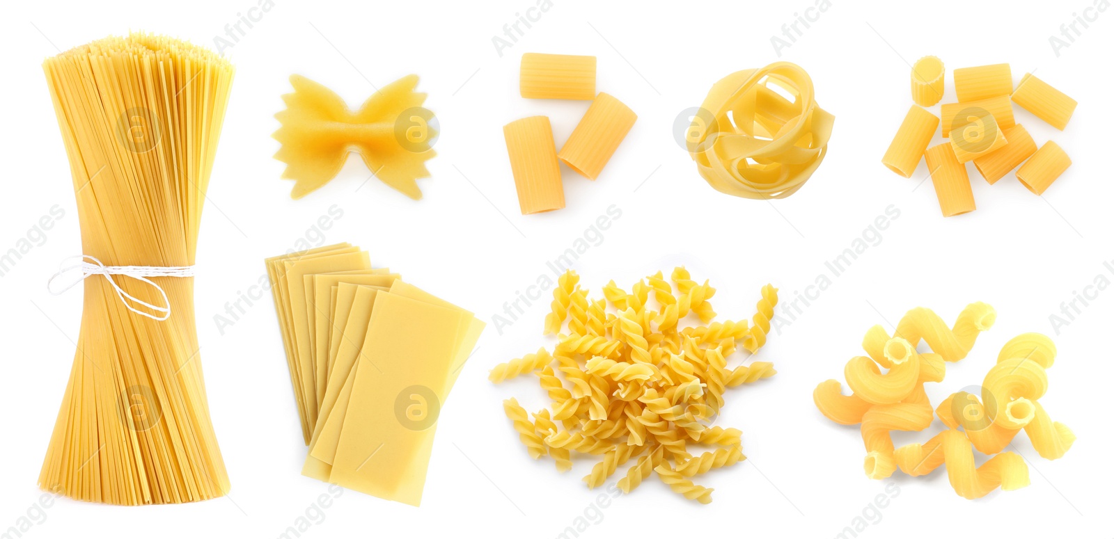 Image of Different types of pasta isolated on white, set