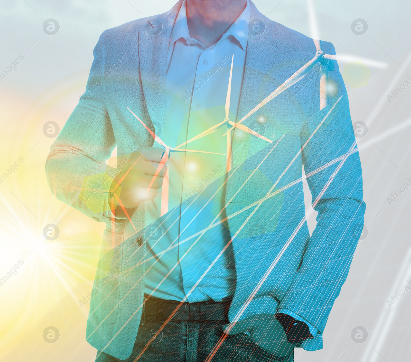 Image of Multiple exposure of businessman, wind turbines and solar panels installed outdoors. Alternative energy source