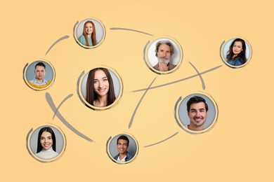 Image of Scheme with avatars linked together as network on pale orange background