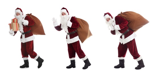 Image of Collage with photos of Santa Claus on white background. Banner design