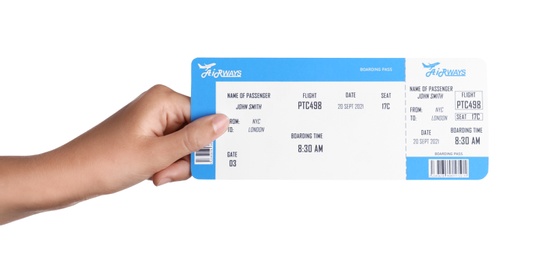 Woman holding ticket on white background, closeup. Travel agency concept