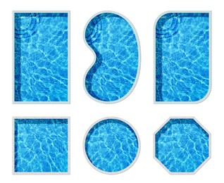 Image of Set with swimming pools of different shapes on white background, top view