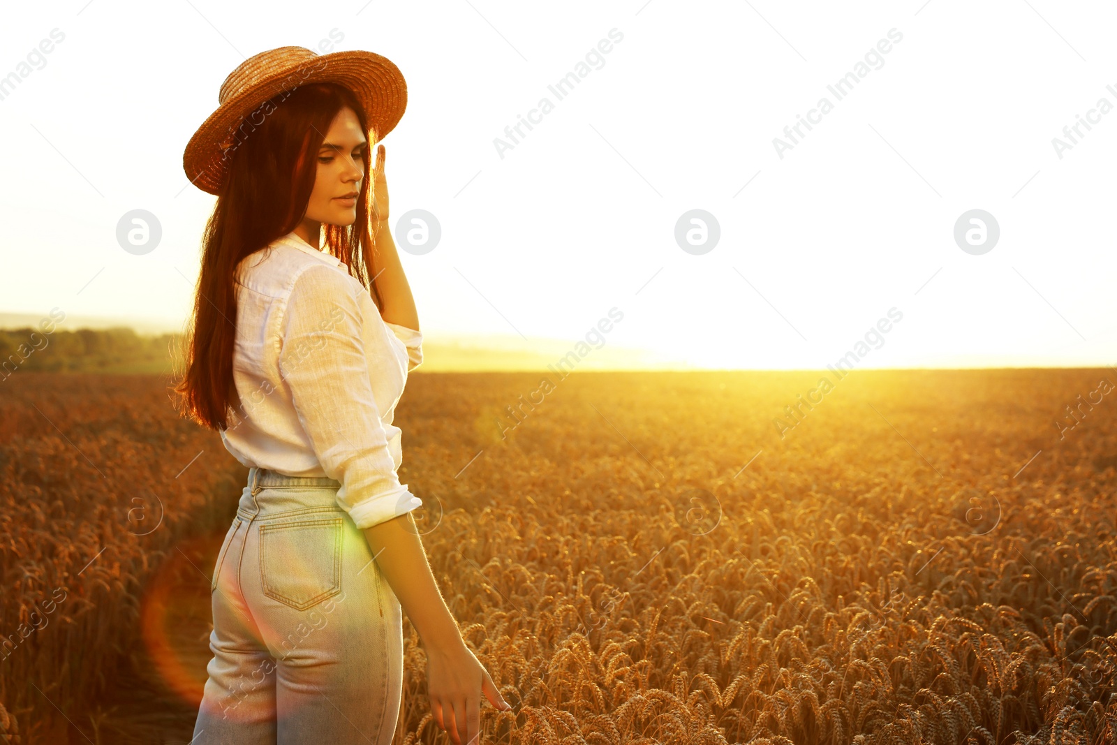 Photo of Beautiful young woman in ripe wheat field on sunny day, space for text