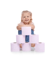 Cute little girl with toilet paper pyramid on white background