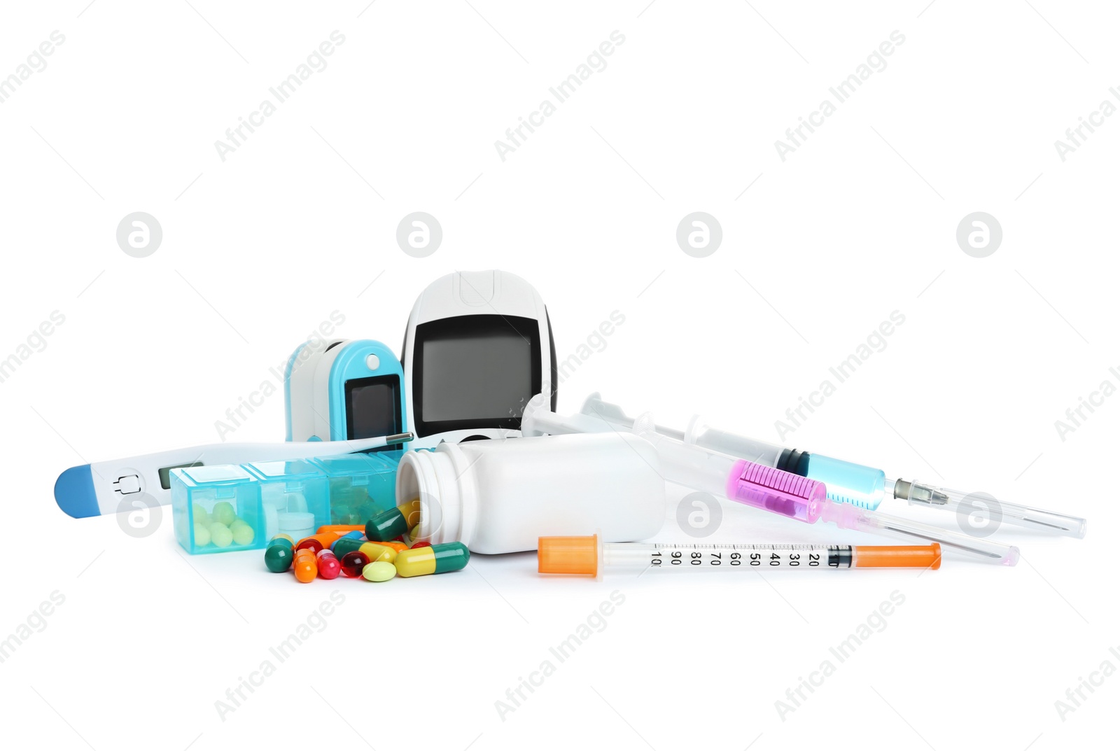 Photo of Different medical objects on white background. Health care