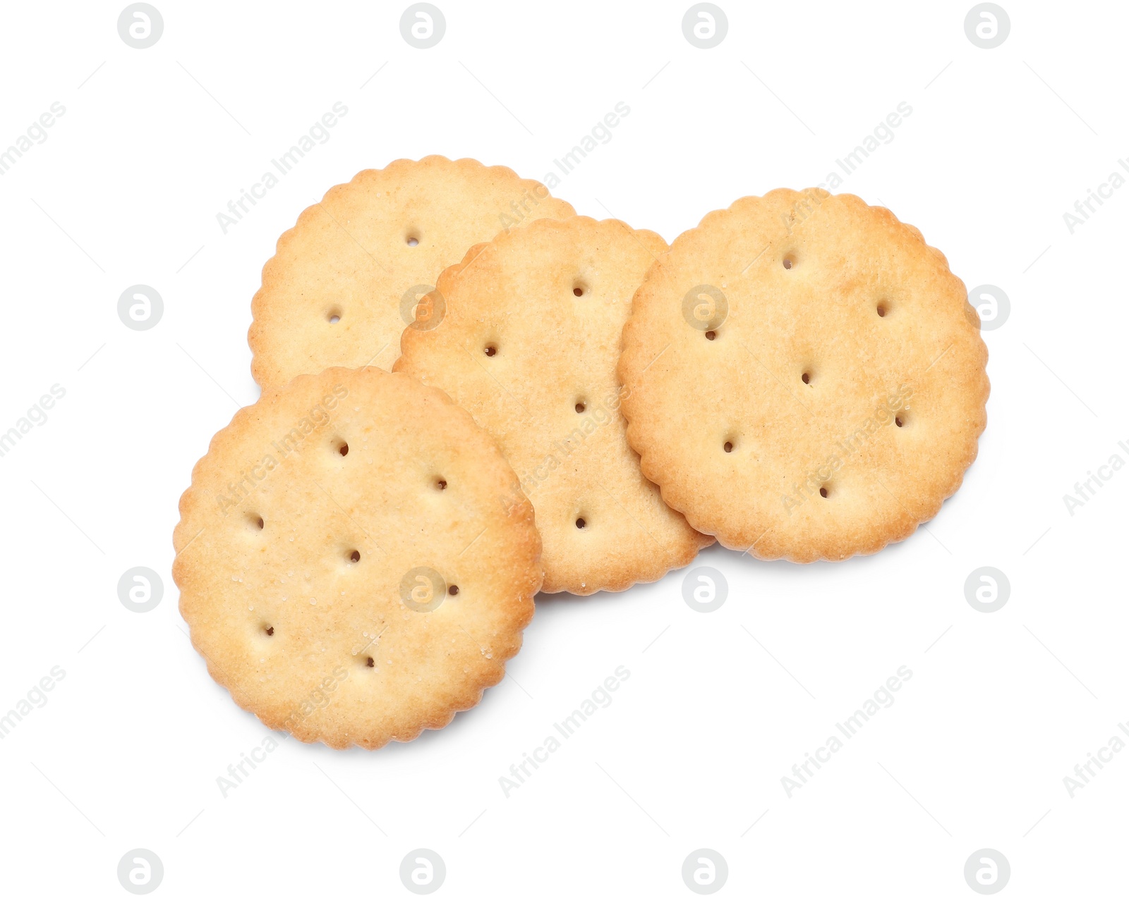 Photo of Tasty crispy round crackers isolated on white, top view