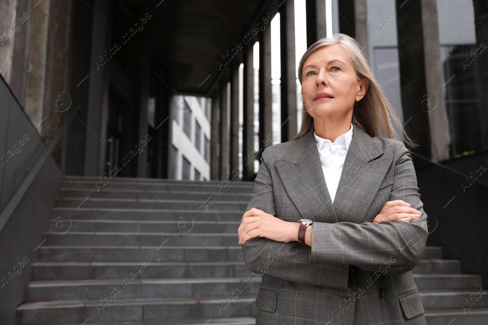 Photo of Portrait of beautiful woman outdoors, space for text. Lawyer, businesswoman, accountant or manager