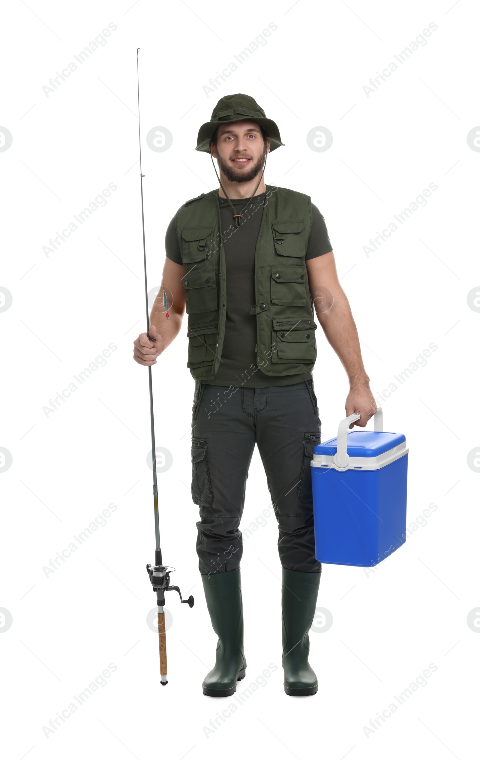 Photo of Fisherman with fishing rod and cool box isolated on white