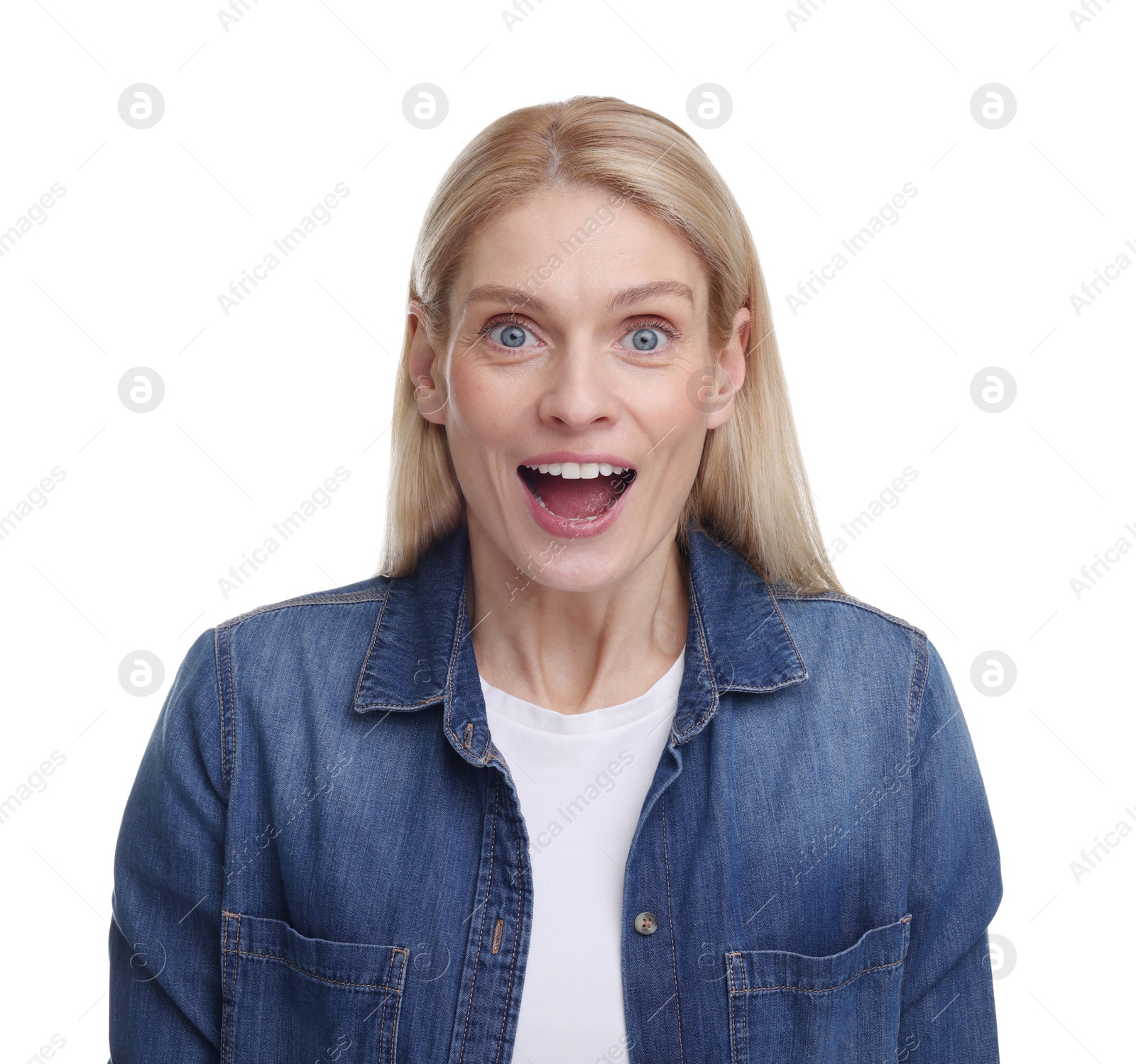 Photo of Portrait of happy surprised woman isolated on white