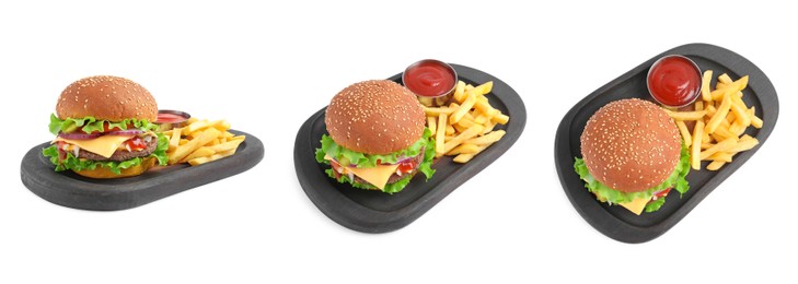 Image of Collage with delicious burger and French fries on white background