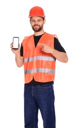 Photo of Man in reflective uniform showing smartphone and thumbs up on white background