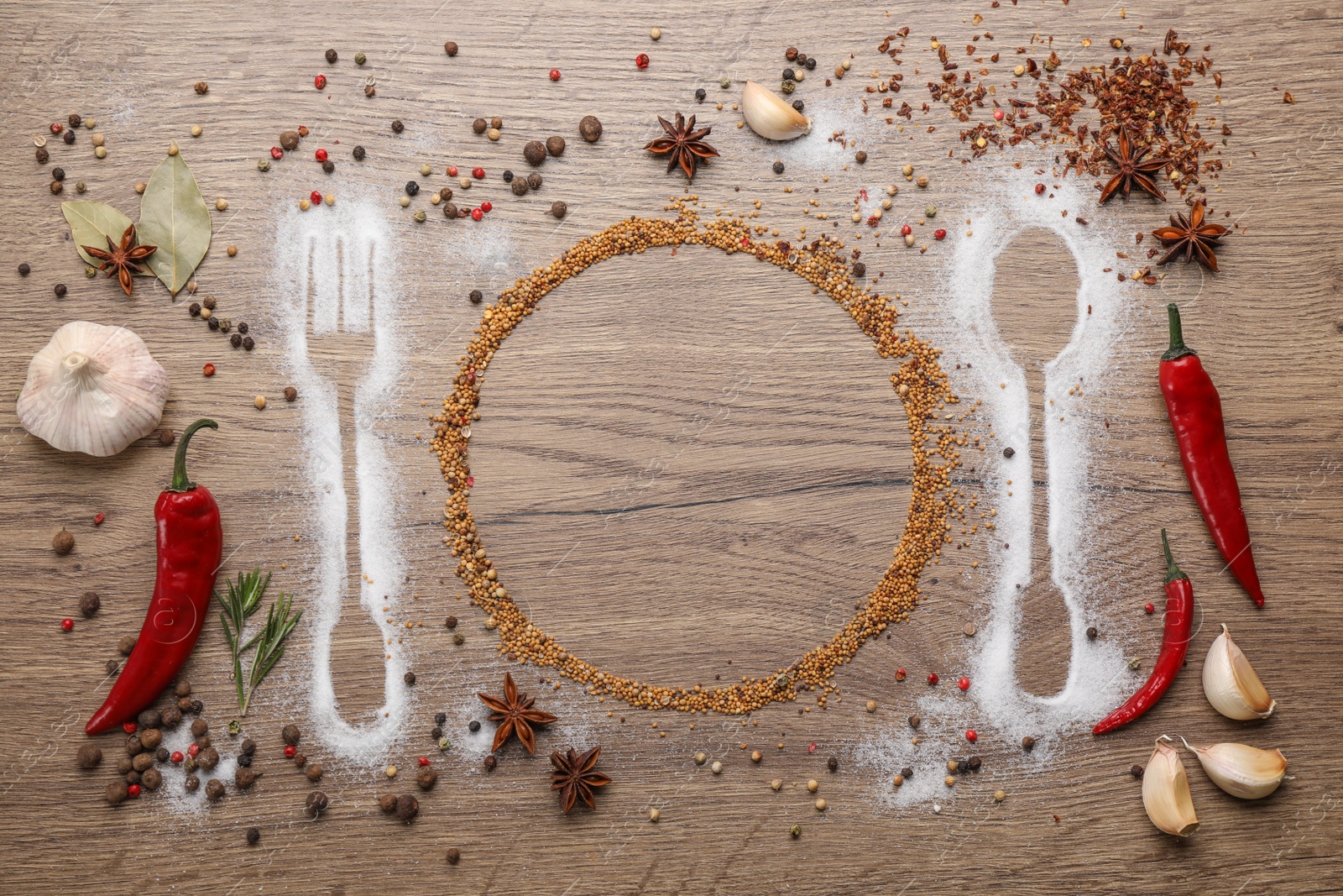 Photo of Beautiful flat lay composition with different spices, silhouettes of cutlery and plate on wooden background. Space for text