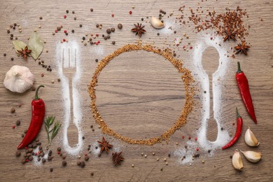 Beautiful flat lay composition with different spices, silhouettes of cutlery and plate on wooden background. Space for text