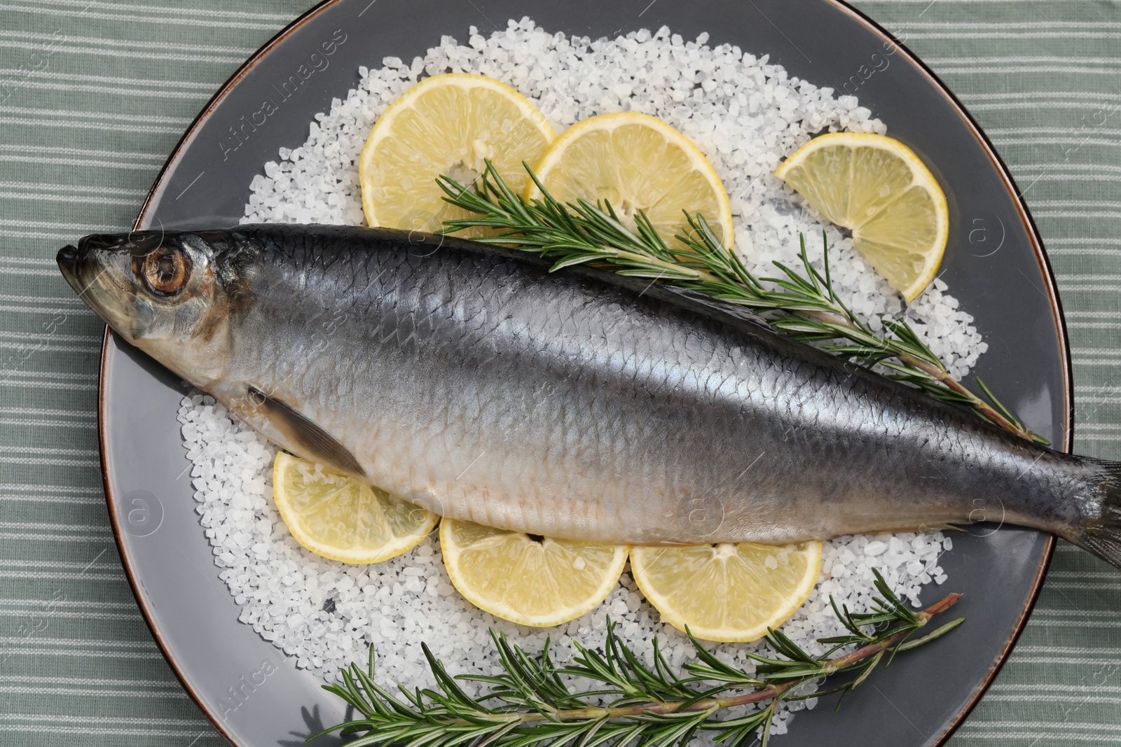 Photo of Delicious salted herring, rosemary, salt and lemon on table, top view