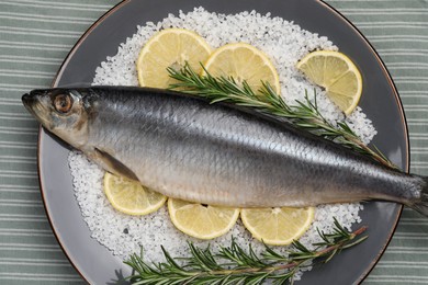 Photo of Delicious salted herring, rosemary, salt and lemon on table, top view