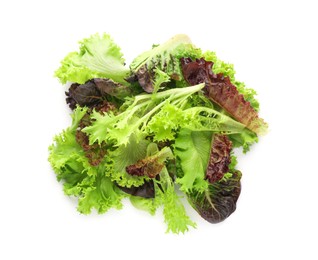 Photo of Leaves of different lettuces on white background, top view