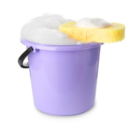 Photo of Bucket with foam and sponge isolated on white