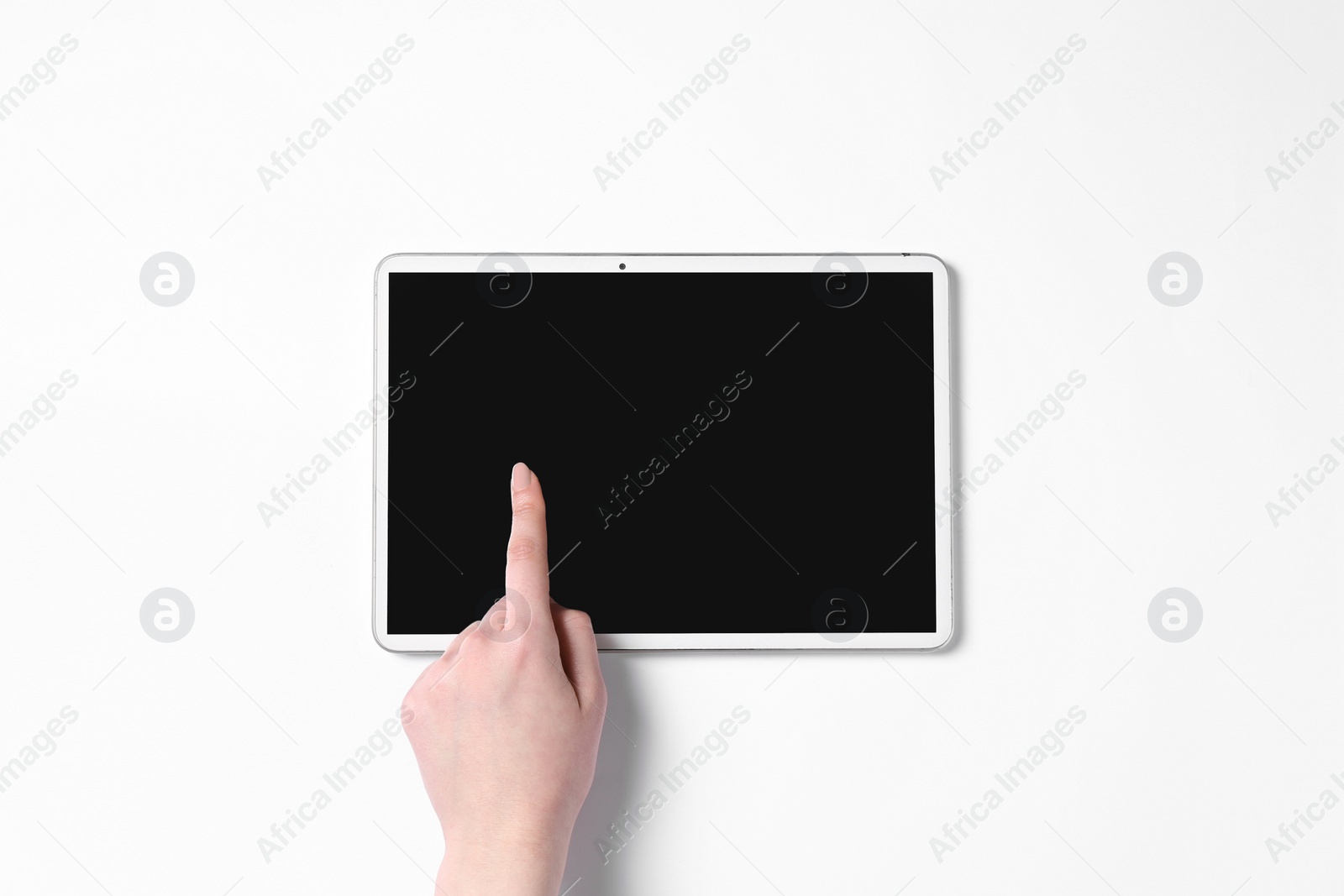 Photo of Online store. Woman using tablet on white background, top view