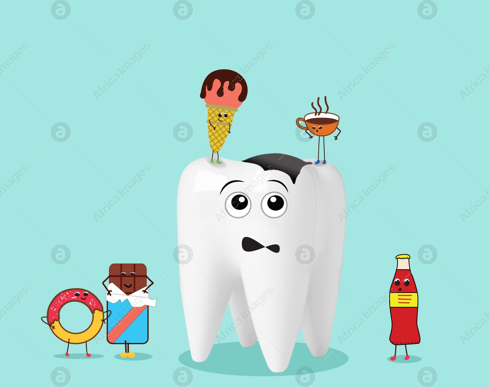 Illustration of Unhealthy tooth and harmful products on turquoise background, illustration. Dental problem