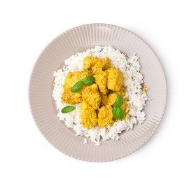 Photo of Delicious rice and chicken with curry sauce isolated on white, top view