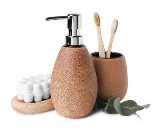 Photo of Bath accessories. Set of different personal care products and eucalyptus leaves isolated on white