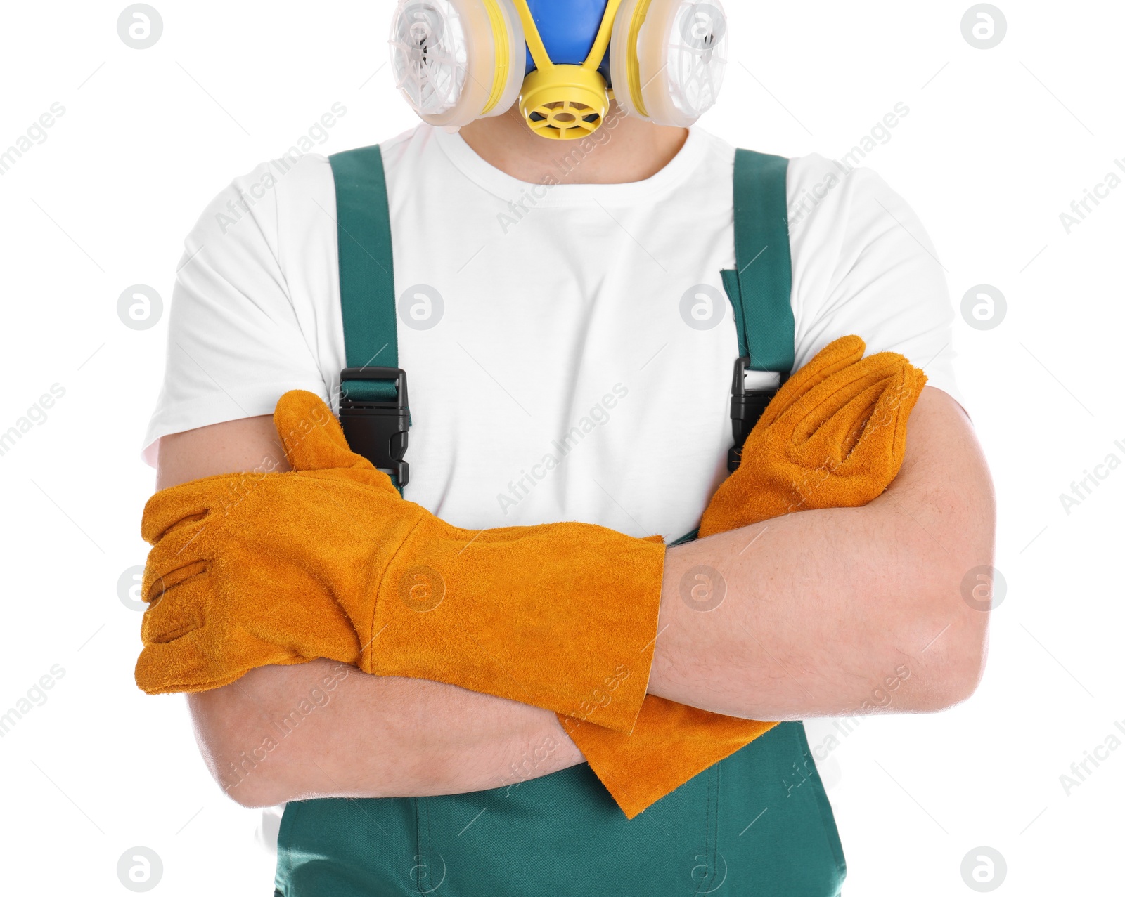 Photo of Male industrial worker in uniform on white background, closeup. Safety equipment