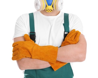 Male industrial worker in uniform on white background, closeup. Safety equipment