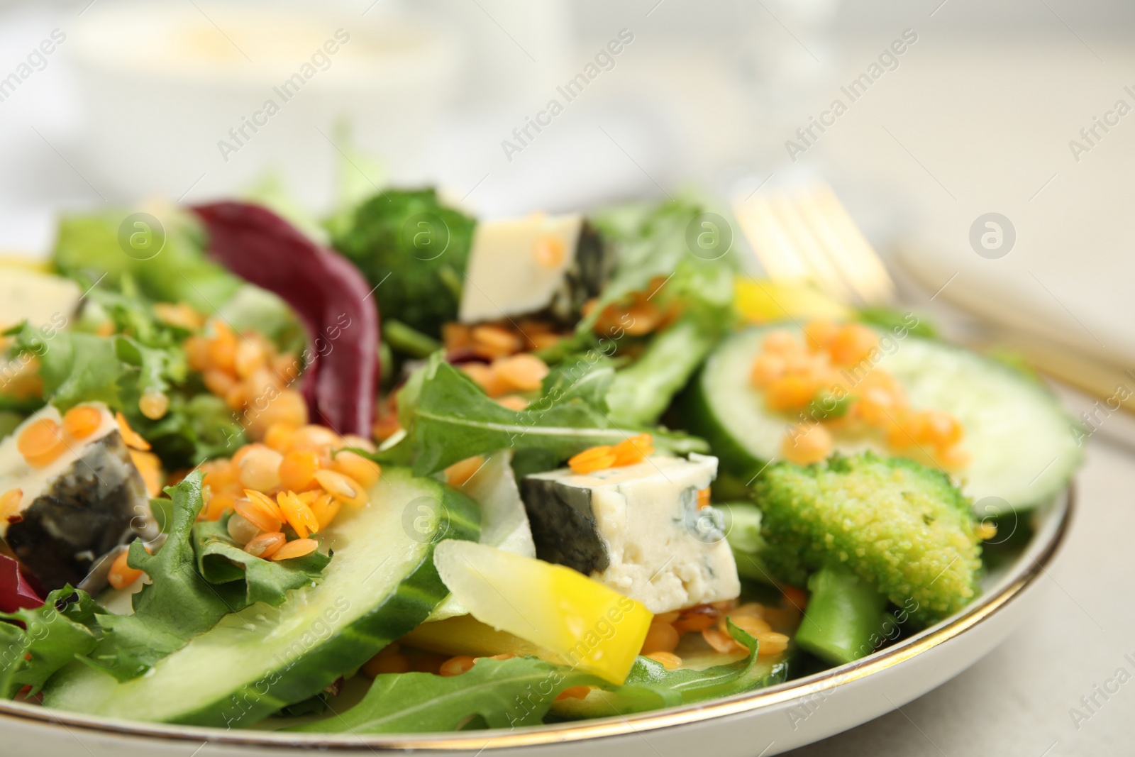 Photo of Delicious salad with lentils, vegetables and cheese on light grey table, closeup