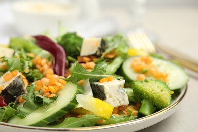 Delicious salad with lentils, vegetables and cheese on light grey table, closeup