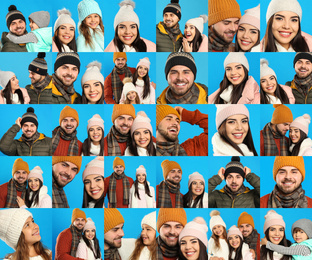 Collage with photos of people wearing warm clothes on blue background. Winter vacation