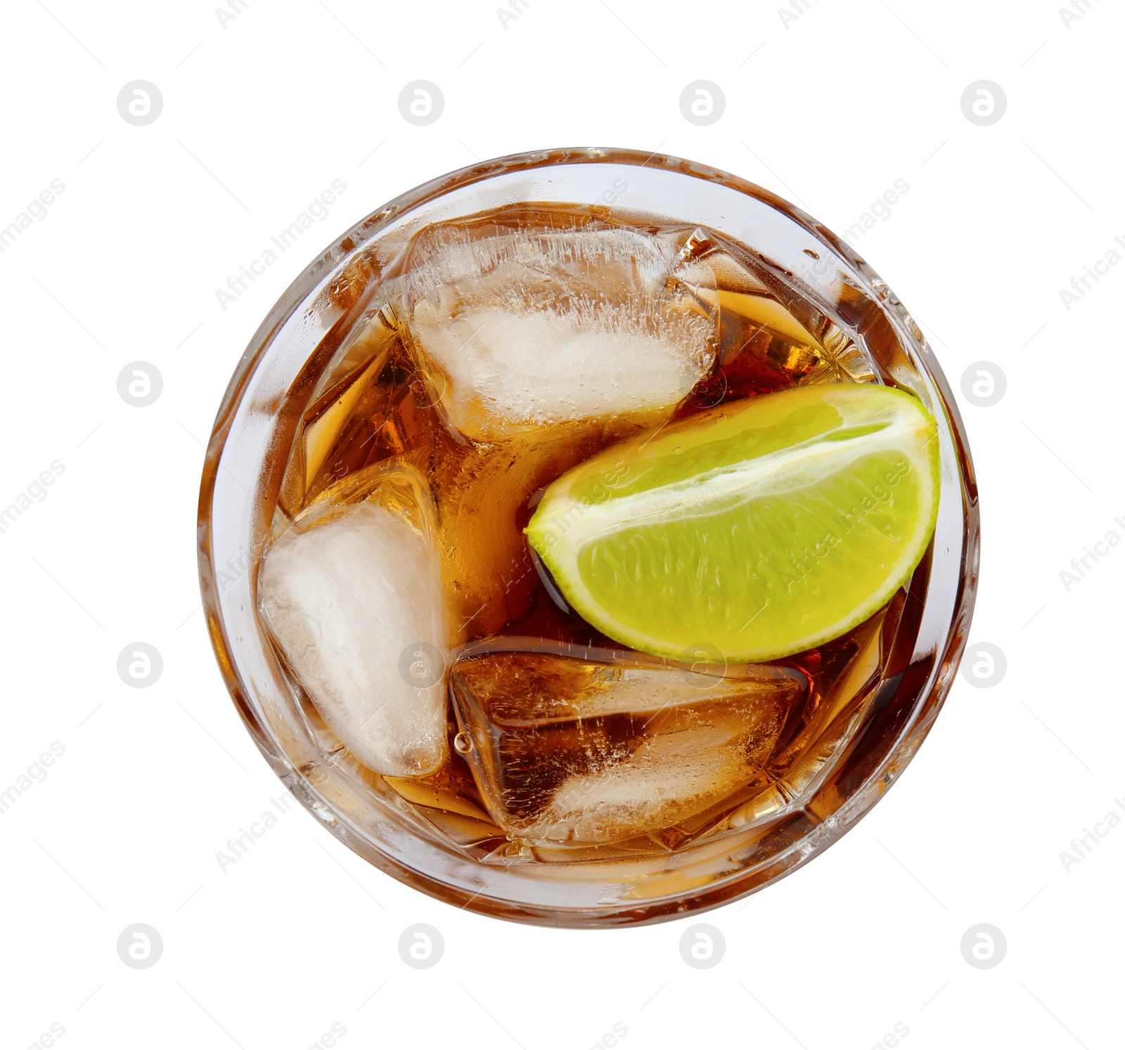 Photo of Glass of refreshing drink with ice cubes and lime on white background, top view