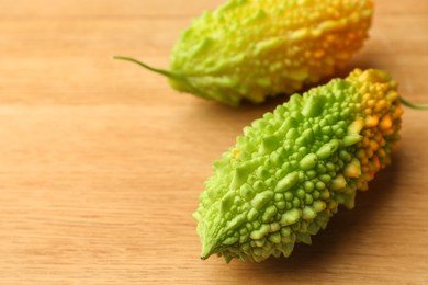 Fresh bitter melons on wooden table, closeup. Space for text