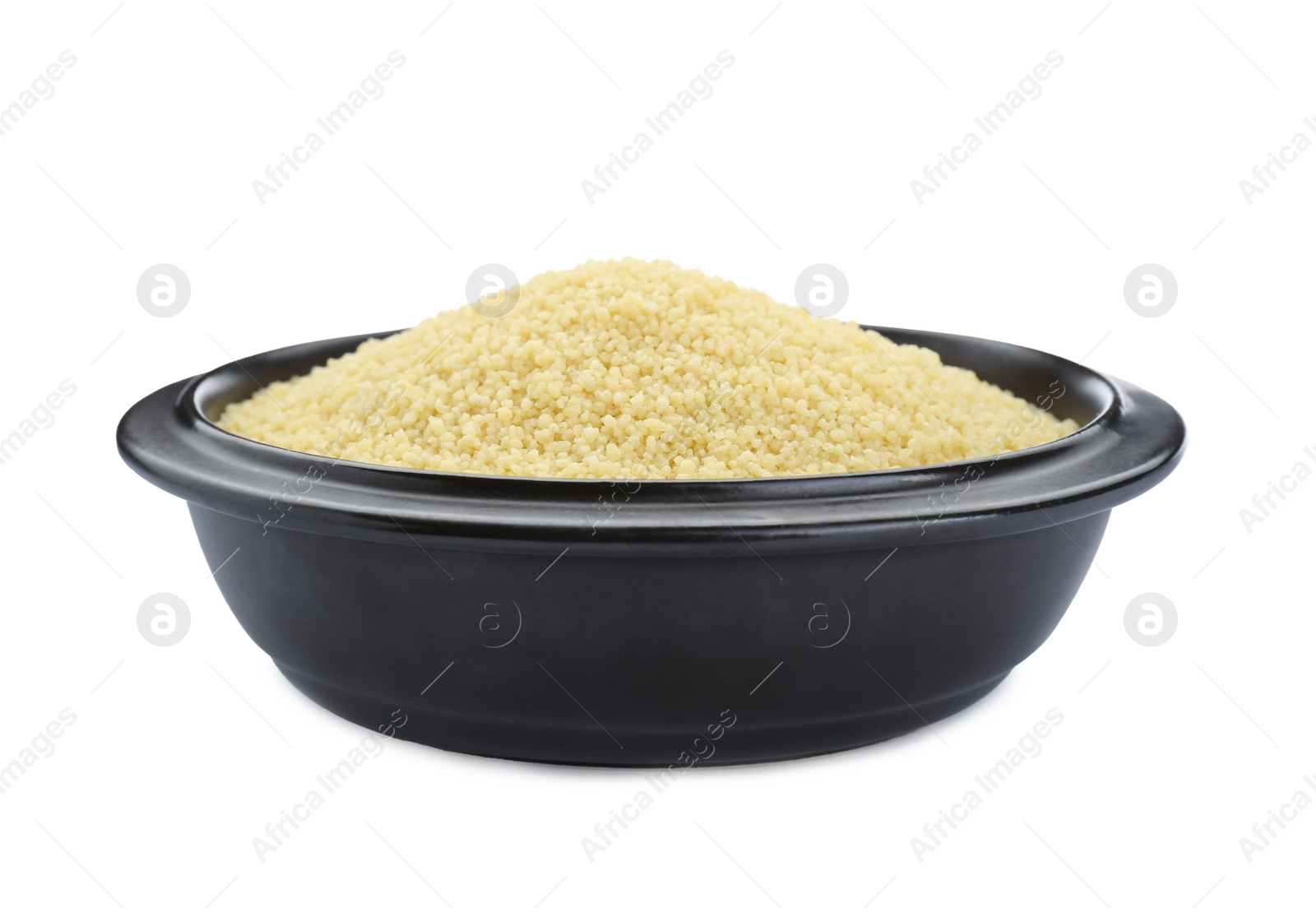 Photo of Bowl of raw couscous isolated on white