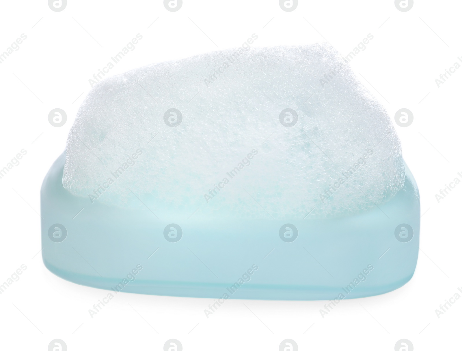 Photo of Soap bar with fluffy foam on white background