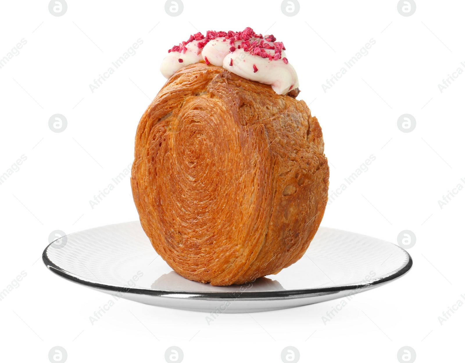 Photo of Round croissant with cream isolated on white. Tasty puff pastry