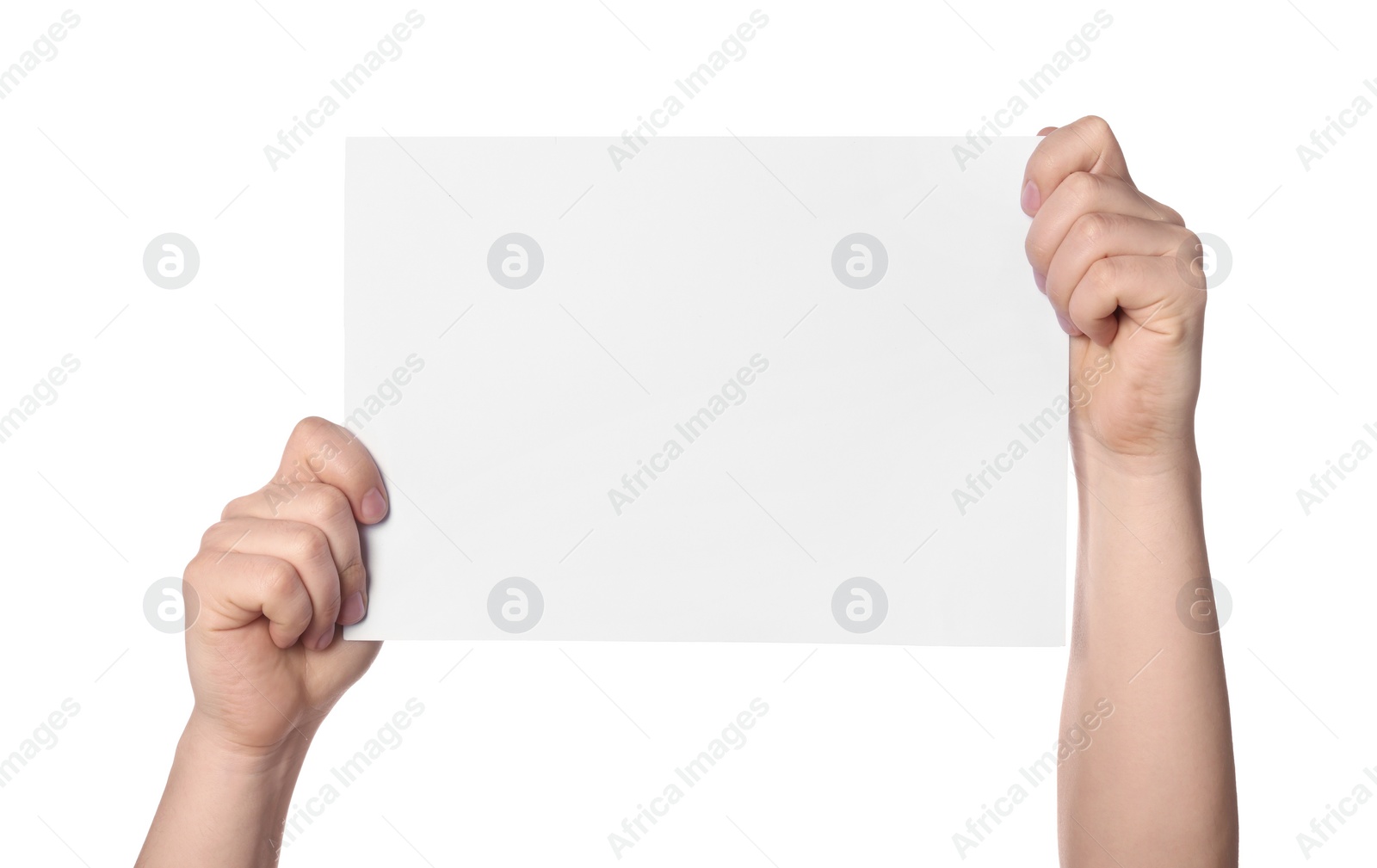 Photo of Woman holding sheet of paper on white background, closeup. Mockup for design